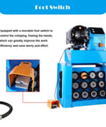 Hardcore Heavy Duty Top Shelf High Pressure Hydraulic Hose Crimper Machine With 13 Interchangeable Dies showing foot switch for hands-free operation.