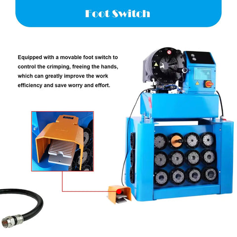 Hardcore Heavy Duty Top Shelf High Pressure Hydraulic Hose Crimper Machine With 13 Interchangeable Dies showing foot switch for hands-free operation.