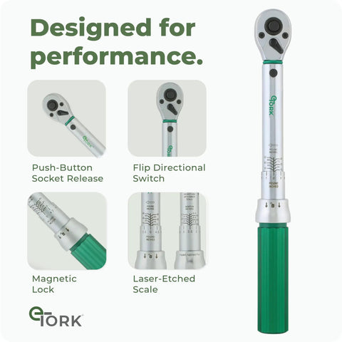 One Quarter Inch Torque Wrench With Magnetic Locking System For Precise Torque, 10 To 100 Inch Pound Range, High Contrast Dual Scale For Pros And DIY Auto Work, Pro Grade One Quarter Inch Drive. full-length view with green handle