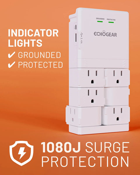 Wall Outlet With Surge Protection And USB Power Ports, 6 Rotating AC Plugs Plus 2 USB Ports Including 15W USB-C Fast Charge