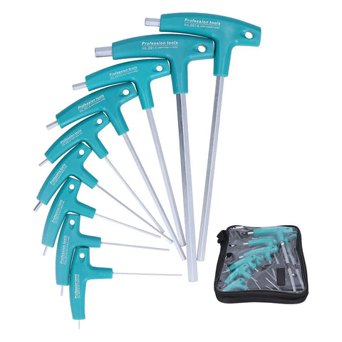 Chilled T Handle Hex Wrench Set with 9 Double Head Chrome Steel Keys Featuring Non Slip PP Grip For Home Furniture Repair And Auto Maintenance In Cool Storage Bag, 9-piece set