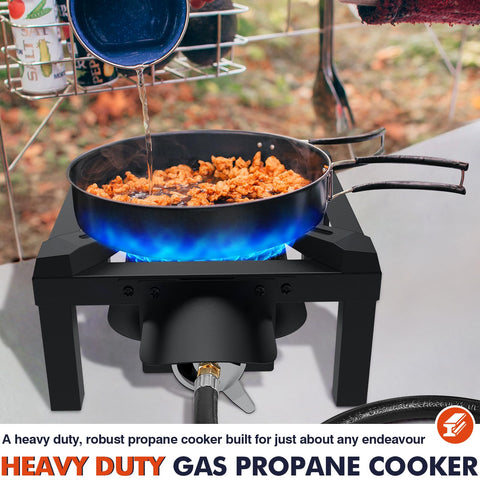 Beast High-Pressure Outdoor Propane Stove With 100,000 BTU Heat cooking seafood on a heavy-duty burner with blue flame.