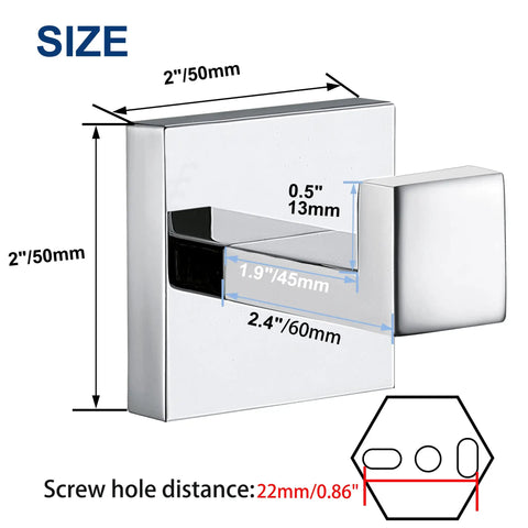 Heavy Duty Built Tough Stainless Steel Towel Hooks 4 Pack Chrome Polished Square Wall Mount Hangers For Bathrooms And Kitchens SUS304 Rust Resistant Coat And Towel Hooks For Towels Robes Sponges with dimensions shown