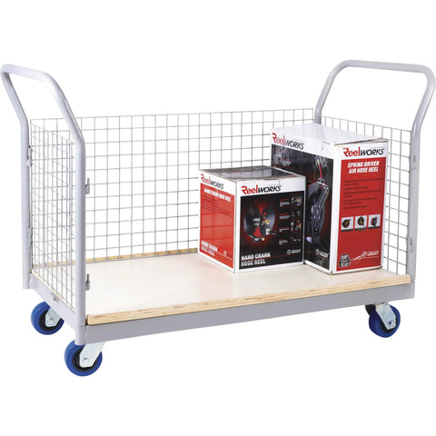 Steel Frame Platform Cart With Removable Mesh Panels And Plywood Deck Built As A True Shop Beast For Rolling Totes Boxes And Bins Features Five Inch Nonmarking Wheels That Handle Two Thousand Pounds Of Gear With No Sweat