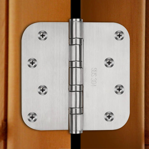 4-inch 304 stainless steel ball-bearing door hinge installed on wood door; brushed finish with visible screws.