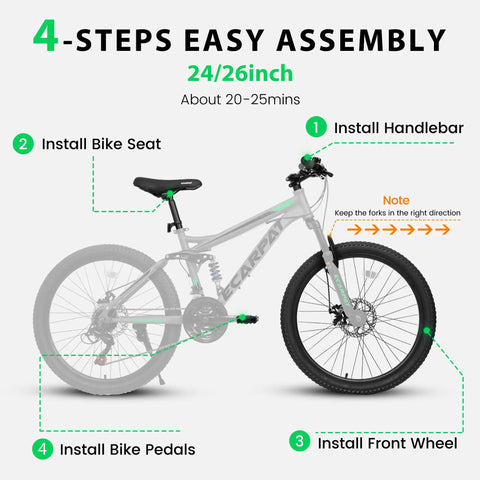 Assembly steps for Beefed Up Dual Suspension 24 Inch Mountain Bike With 21 Speed Disc Brakes Front Fork And Rear Shock Absorber.