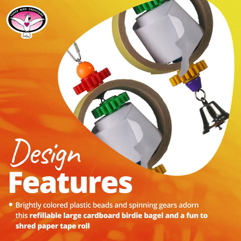 Tape Dispenser Bird Toy With Cardboard Bagel And Machine Paper, Chewable Shredding Components, Sensory Bell, Perfect For African Grey Parrots And Cockatoos, Large Bird Size 14x5 Inches, High Energy Mental Stimulation And Fun, with paper roll, beads and bell