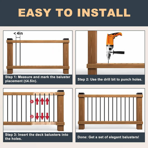Installation steps for 50 Pack Deck Balusters, 32.25 Inch Long 1 Inch Wide Curve Metal Spindles For Outdoor Deck Rails, Aluminum Spindles