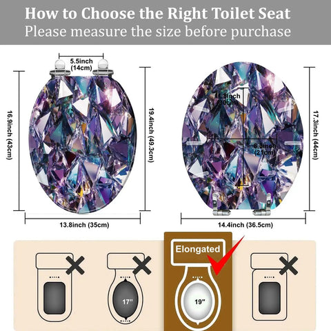 Diagram showing dimensions to help choose the right Elongated Toilet Seat Quiet Close Bathroom, with size measurements displayed.