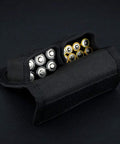 Open DSLR Battery And Memory Card Holder Pouch With 3 Pockets For On The Go Photogs, showing dual battery slots, black fabric