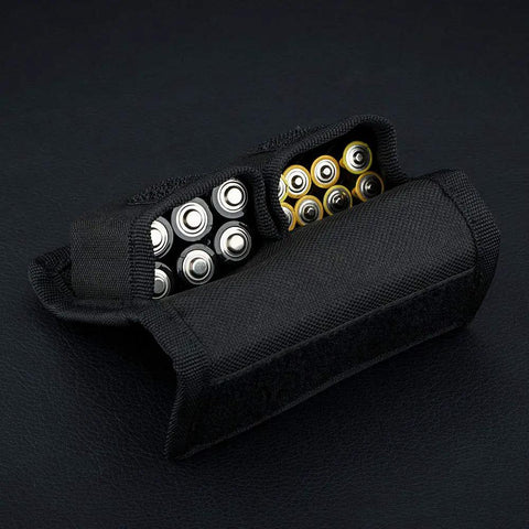 Open DSLR Battery And Memory Card Holder Pouch With 3 Pockets For On The Go Photogs, showing dual battery slots, black fabric