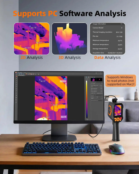 Infrared Thermal Camera With Laser Pointer 320x240 LCD Screen 9 Thermal Palettes 256x192 TISR Resolution Pro Level Thermal Imaging For Electrical HVAC Home And Pet Inspections Super Resolution Clarity Beast Mode shown with software analysis on PC