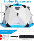Portable Hexagon Ice Fishing Shanty Tent With Integrated Stove Jack Thick Thermal Insulation Soft Carpet Floor Multi Zone Vents dimensions and details.