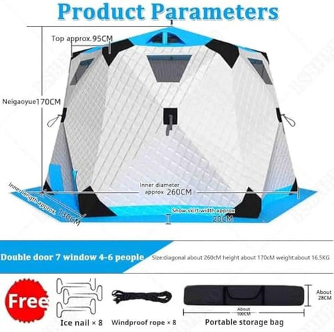 Portable Hexagon Ice Fishing Shanty Tent With Integrated Stove Jack Thick Thermal Insulation Soft Carpet Floor Multi Zone Vents dimensions and details.