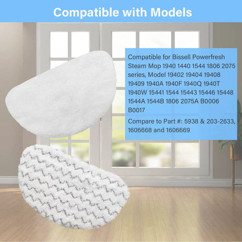 12 Pack Replacement Pads For PowerFresh Steam Mop 1940 Series No Fuss Quick Clean Pads shown with model compatibility chart