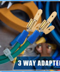 Close-up of piggyback spade connectors from 25-piece 3-way adapter kit, dual male to single female, for auto electrical repairs.