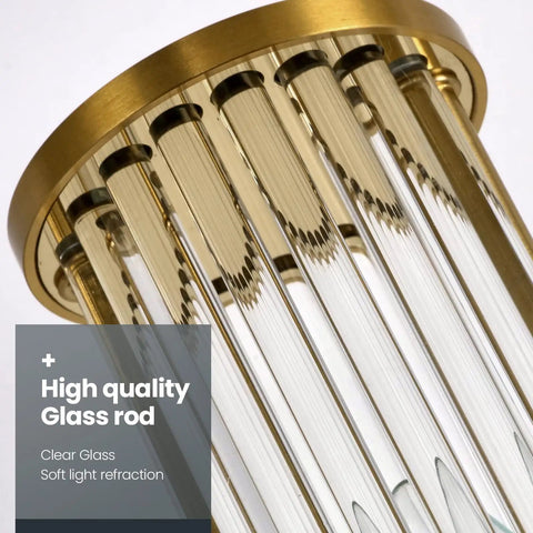 Close-up of Modern Crystal Wall Sconce Gold Light With Brushed Titanium Finish and Trophy Glass Shade emphasizing glass rods.