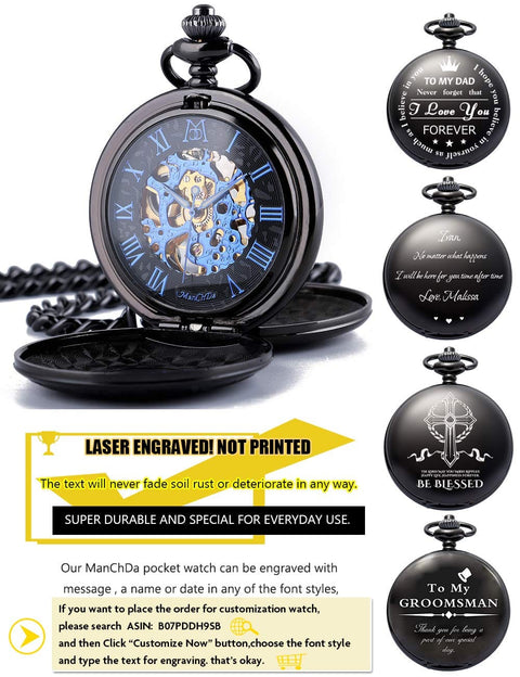Mechanical Skeleton Pocket Watch With Roman Numerals Dial, Double Cover, Half Hunter, Box And Chain, Old School Vibe For Men And Women In Black Blue Gift Ready