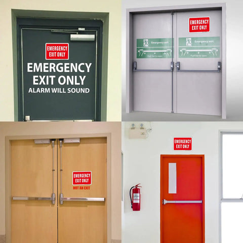 Badass 2 Pack 10X7 Emergency Exit Only Signs Heavy Duty Rust Free Aluminum installation on various doors.