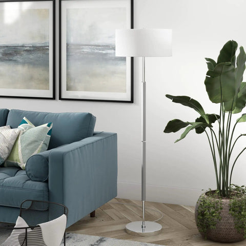 Living room with Two Light Floor Lamp With Fabric Shade In Cool Gray And Polished Nickel For Home Office Bedroom And Living Room 61 Inch Tall Modern Floor Lamp Perfect For Reading Nooks And Sofas beside a blue sofa
