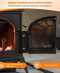 Stanbroil wood stove gasket on black stove door, front view with door open and glass panel showing flames