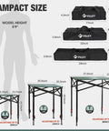 Portable Folding Camping Square Table With Carry Bag Ultralight Aluminum Construction Adjustable Height shown with carry bags and size comparison to a 5'9" model.