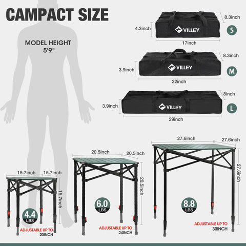 Portable Folding Camping Square Table With Carry Bag Ultralight Aluminum Construction Adjustable Height shown with carry bags and size comparison to a 5'9" model.
