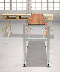 Expandable Adjustable Conveyor Roller Table 18 To 51 Inch Length, 20 To 31.5 Inch Height, Heavy Duty Woodworking Planer Conveyor With 4 Braked Wheels in workshop