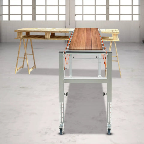 Expandable Adjustable Conveyor Roller Table 18 To 51 Inch Length, 20 To 31.5 Inch Height, Heavy Duty Woodworking Planer Conveyor With 4 Braked Wheels in workshop
