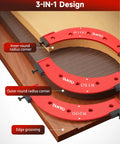 Get Ready To Craft Knockout Pieces With This Nifty Five Piece Router Corner Radius Template Set Featuring Smooth As Silk Curved Edges Perfect For Woodworking Projects And Dead On Cabinet Precision showing a 3-in-1 design for inner, outer corners and edge grooving.