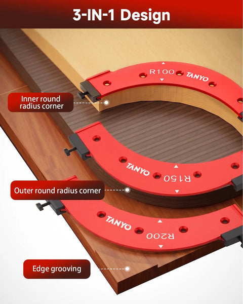 Get Ready To Craft Knockout Pieces With This Nifty Five Piece Router Corner Radius Template Set Featuring Smooth As Silk Curved Edges Perfect For Woodworking Projects And Dead On Cabinet Precision showing a 3-in-1 design for inner, outer corners and edge grooving.