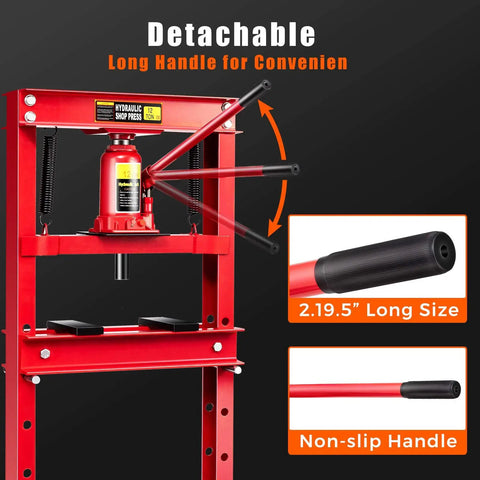 Heavy Duty 12 Ton Hydraulic Shop Floor Press With H Frame And Steel Plates Adjustable Working Table Floor Stand Jack Built To Handle Gears And Bearings Powder Coated Rust Resistant Construction For Tough Shop Use with detachable long handle
