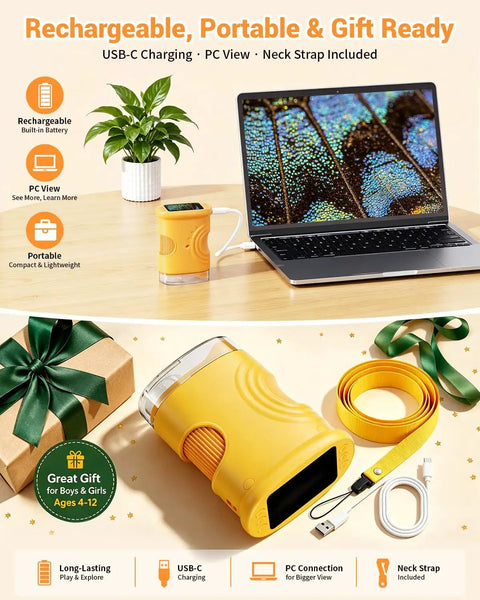 Kid-Friendly Handheld Microscope With 2.0 Inch IPS Screen, 1000X Magnification, Rechargeable Portable STEM Lab Toy for Boys and Girls Ages 4-12, Outdoor Science Gift, Educational Pocket Microscope, Orange on laptop with USB-C and neck strap