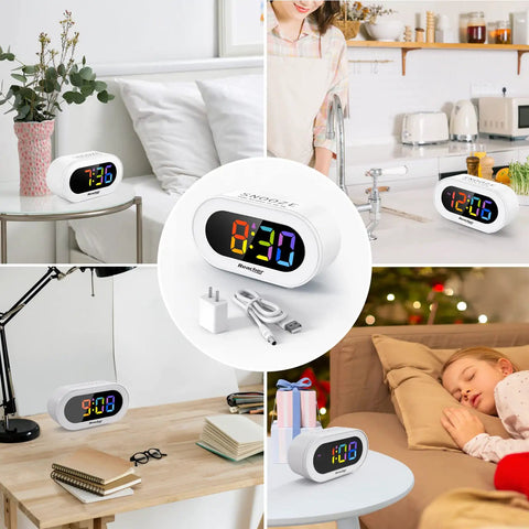 Snazzy Compact Colorful LED Digital Alarm Clock With Adjustable Brightness Dimmer And Volume Slider Smooth Snooze Button Lowkey Perfect For Your Bedroom Nightstand Super Easy To Read Day Or Night Zero Drama Setup