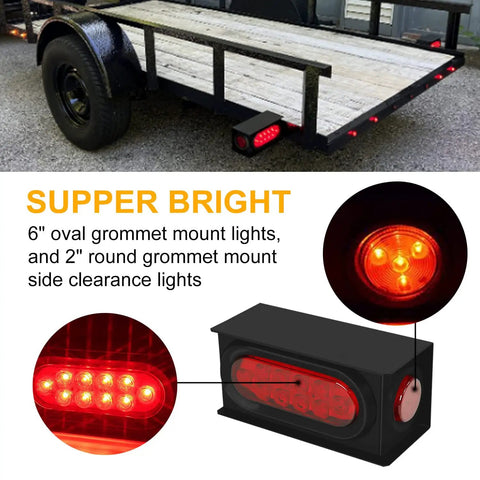 Two Piece Welded Steel Trailer Light Kit With 6 Inch Oval Red Tail Lights Featuring 10 LEDs And 2 Inch Red Round Side Marker Lights