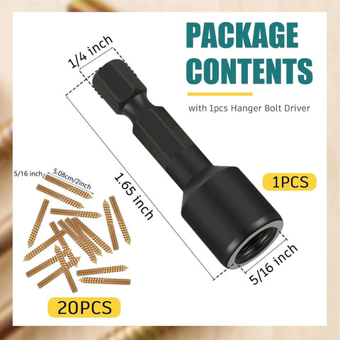 20 Piece Heavy Duty Hanger Bolts Set For Outdoor Wood Furniture Tapping Screws Double End Carbon Steel, dimensions shown.