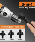 Universal 3 In One Ratchet Drill Chuck Key Wrench With Magnetic Quick Change Heads, showing three head sizes, 1.5-10mm, 1.5-13mm, 3-16mm.