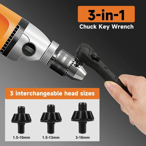 Universal 3 In One Ratchet Drill Chuck Key Wrench With Magnetic Quick Change Heads, showing three head sizes, 1.5-10mm, 1.5-13mm, 3-16mm.