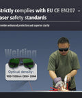 Built Tough Laser Safety Glasses With Top Tier Optic Density And Sleek TR90 Frame For 900 To 1100Nm Laser Welding Protection Goggles worn by a user during welding.