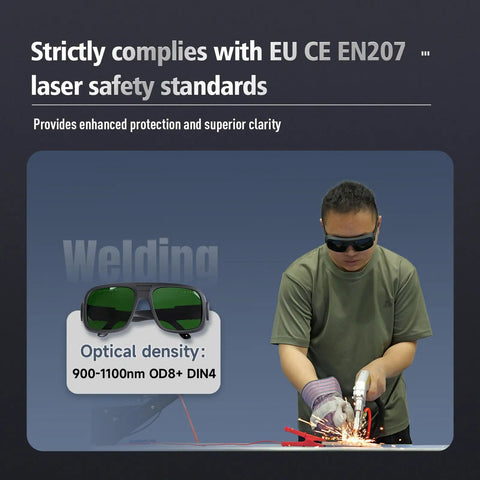 Built Tough Laser Safety Glasses With Top Tier Optic Density And Sleek TR90 Frame For 900 To 1100Nm Laser Welding Protection Goggles worn by a user during welding.