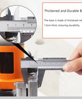 Detailed view of Heavy Duty Electric Tenoning And Mortising Machine With Biscuit Jointer Slotting Tool, showing thickened metal base for durability.