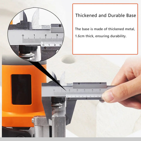 Detailed view of Heavy Duty Electric Tenoning And Mortising Machine With Biscuit Jointer Slotting Tool, showing thickened metal base for durability.