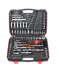 Premium Auto Combination Wrench Set Packing Slick Ratchet Pawl Sockets Hefty Spanner And Precision Screwdriver Bits For Your Garage Stash, 120-piece tool kit in a black and red carrying case.