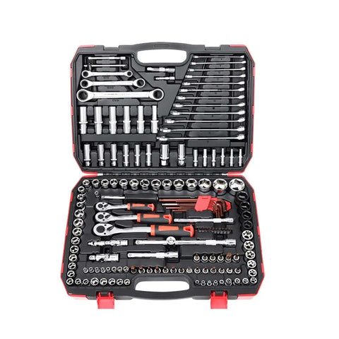 Premium Auto Combination Wrench Set Packing Slick Ratchet Pawl Sockets Hefty Spanner And Precision Screwdriver Bits For Your Garage Stash, 120-piece tool kit in a black and red carrying case.