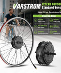 48V 500W Ebike Conversion Kit With Front Or Rear Hub Motor for 20, 26, or 700C wheels, shown with front hub and cyclist in city.