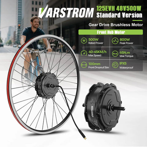 48V 500W Ebike Conversion Kit With Front Or Rear Hub Motor for 20, 26, or 700C wheels, shown with front hub and cyclist in city.