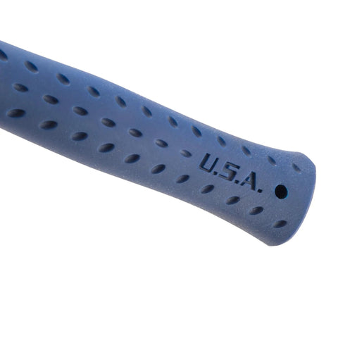 Close-up of the handle of Big Blue 4 Pound Drilling Hammer With Long Handle Built Like a Tank Forged Steel Construction Shock Reduction Grip.