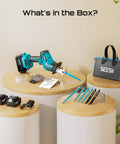 SEESII cordless reciprocating saw with teal body, 2x4.0Ah batteries and 6 blades (front view)
