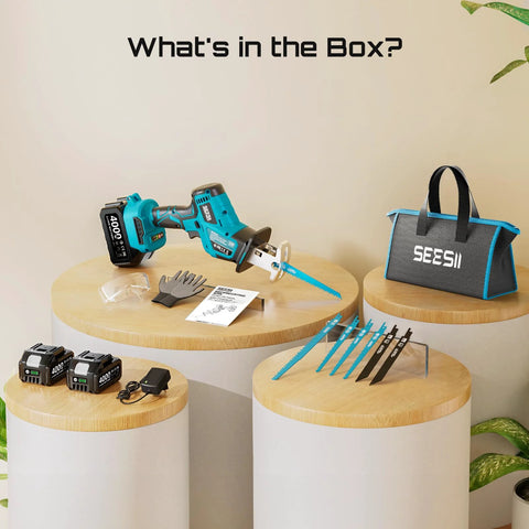SEESII cordless reciprocating saw with teal body, 2x4.0Ah batteries and 6 blades (front view)
