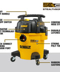 5 Gallon Wet And Dry Shop Vacuum With StealthSonic Quiet Motor 4 HP Power showing features and rubberized casters